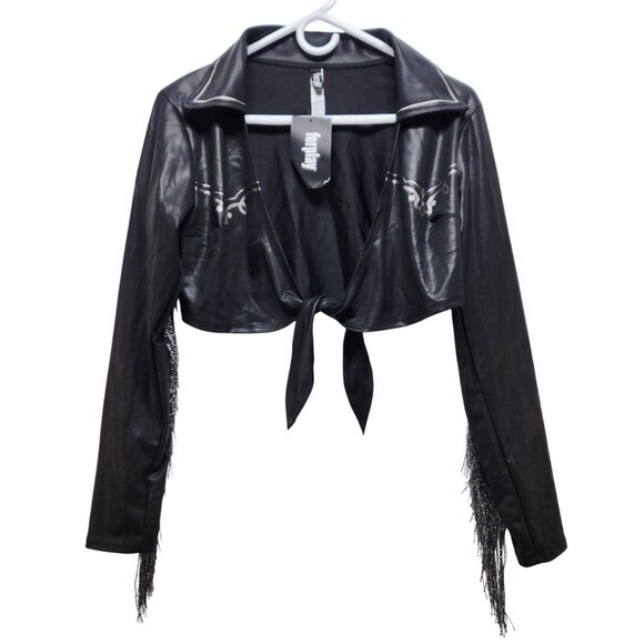 Forplay Womens Black Fringe Faux Leather Cropped Jacket Size L/XL - Picture 1 of 6